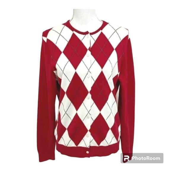 Lands End Red and white argle cardigan L - Picture 1 of 5